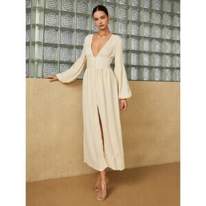 Commense Boho Cream Maxi Dress Lantern Sleeve Button Front Slit Cottagecore M
